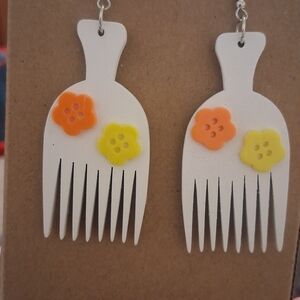 White Hair Pick Dangle Earrings with Orange and Yellow Flower Accents